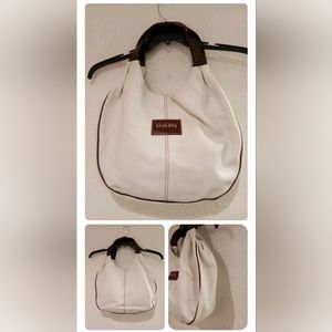 Claudia Firenze White Leather Hobo Bag w/ Brown Trim Medium Size